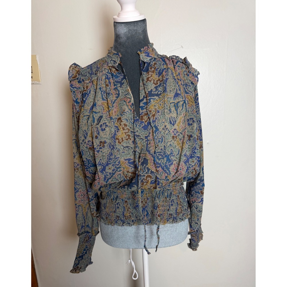 Elan Women Blue Paisley Geometric Smocked Waist Ruffle Boho Blouse top coastal M